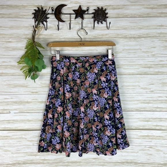 Vintage Grunge Black Floral Pink Rayon Mini Skirt - Picture 1 of 5